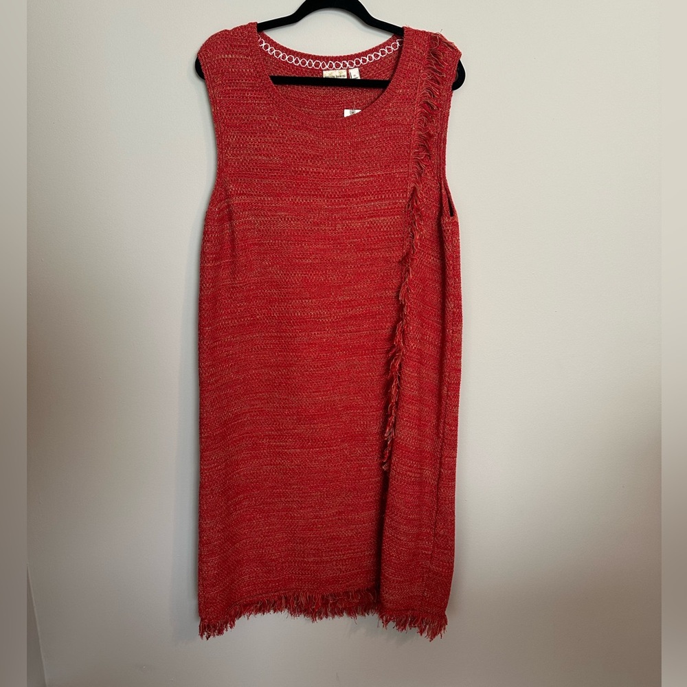 Women's Anthropologie Red Fringed Sweater Dress Holding Horses Sheath XL NWT